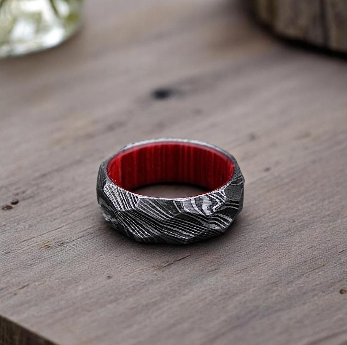 Rock Hammered Damascus Steel Ring: Diamond Cut Wood Wedding Band