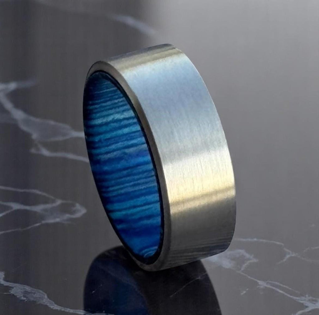 Blue Wood Inlay Titanium Ring: Handmade Brushed Silver Wedding Band