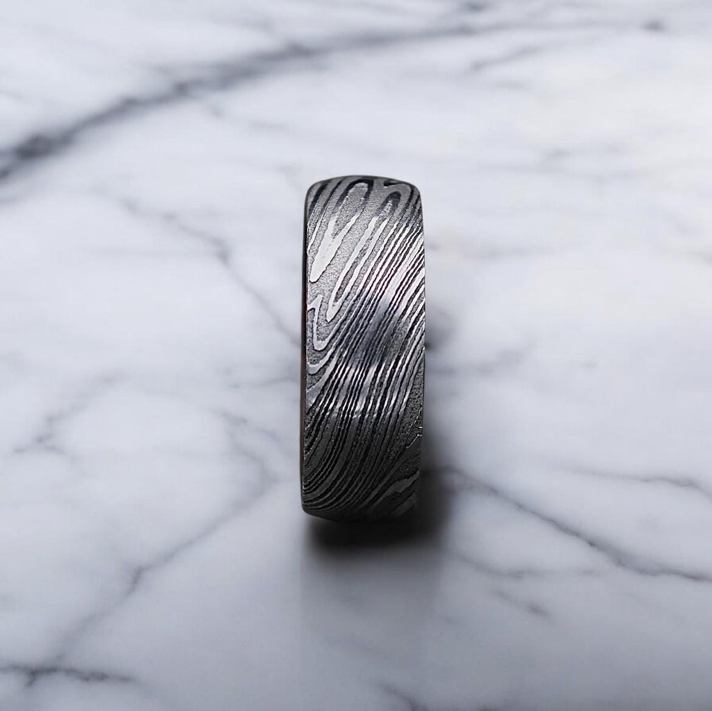 Damascus Steel Ring: Whiskey Barrel Wood Inlay Wedding Band