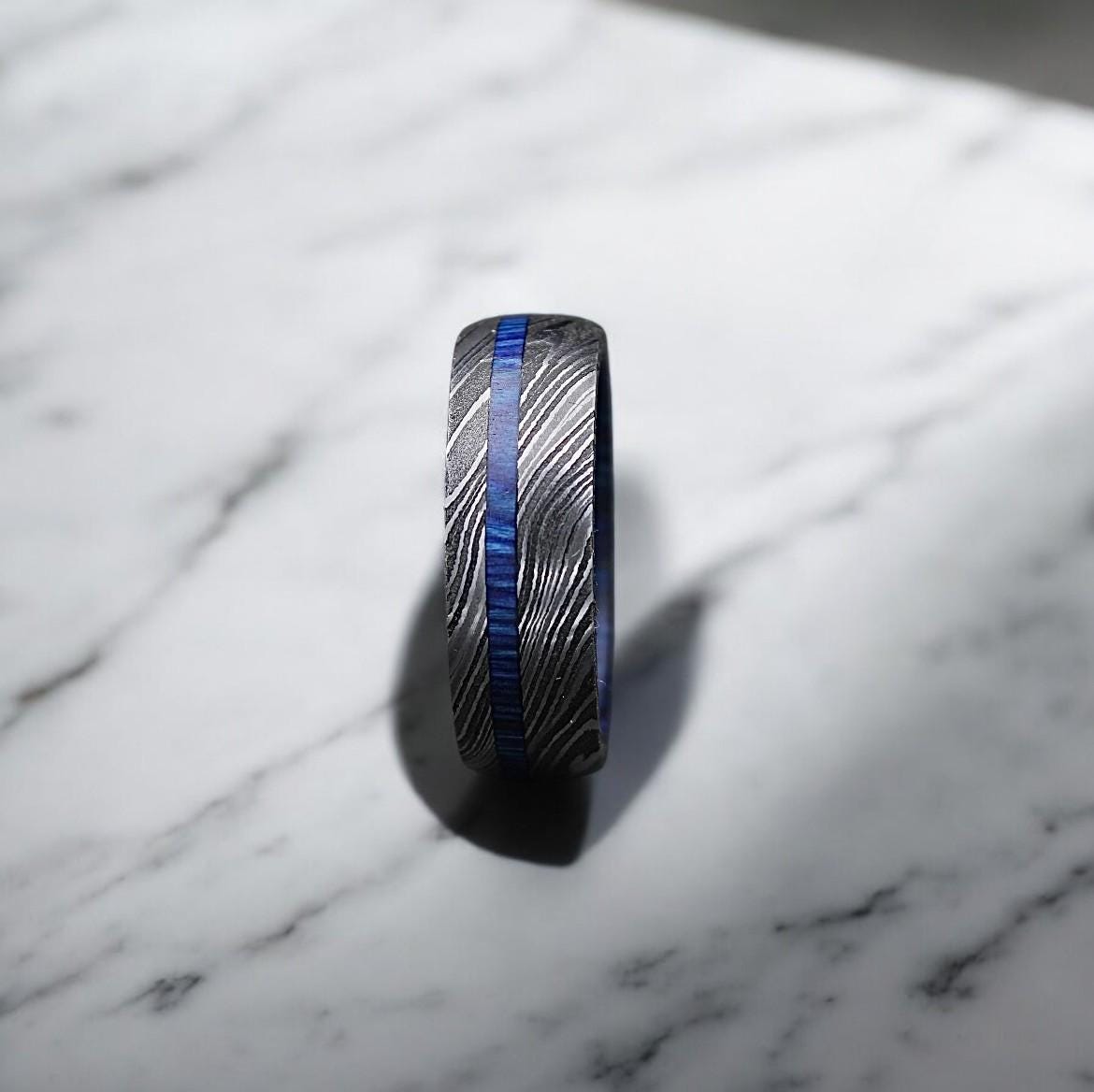 Damascus Steel Wedding Band: Whiskey Barrel Wood Inlay Ring