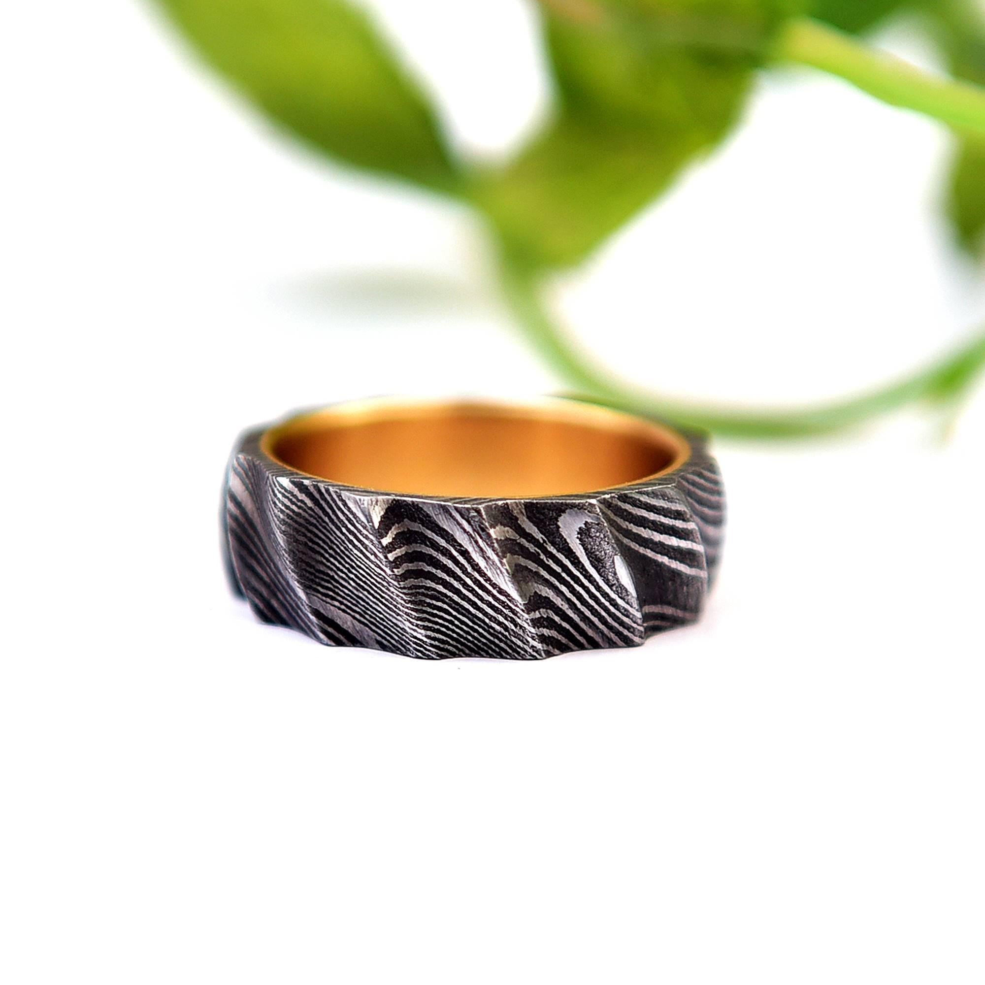 Damascus Steel Ring: Whiskey Barrel Wood Inlay Wedding Band