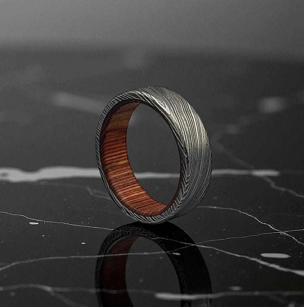 Damascus Steel Ring with Whiskey Barrel Wood Liner: Rustic Wedding Band