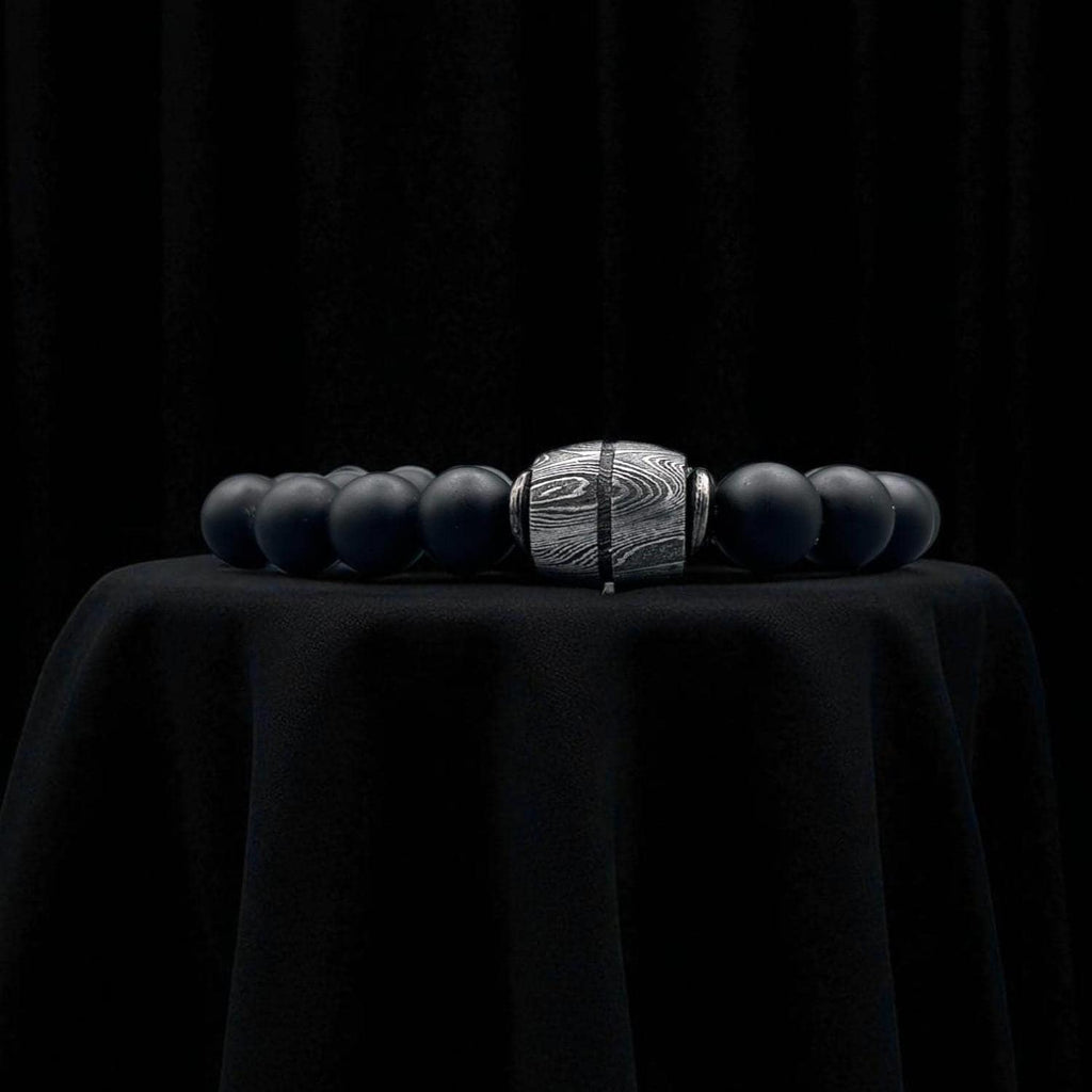 Black Onyx Bead Bracelet with Damascus Steel Barrel – Handmade Gemstone Jewelry with Gift Box.