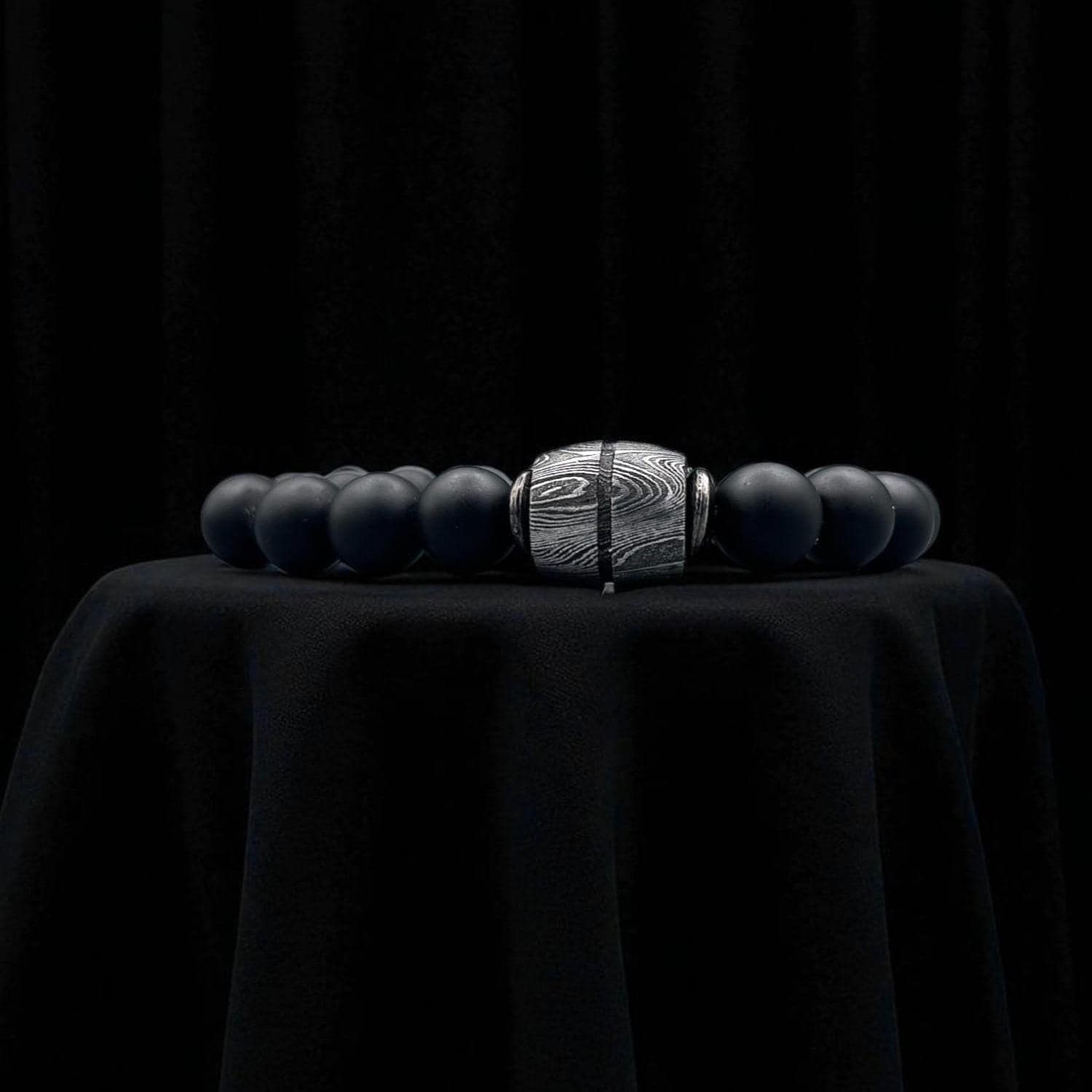 Black Onyx Bead Bracelet with Damascus Steel Barrel – Handmade Gemstone Jewelry with Gift Box.