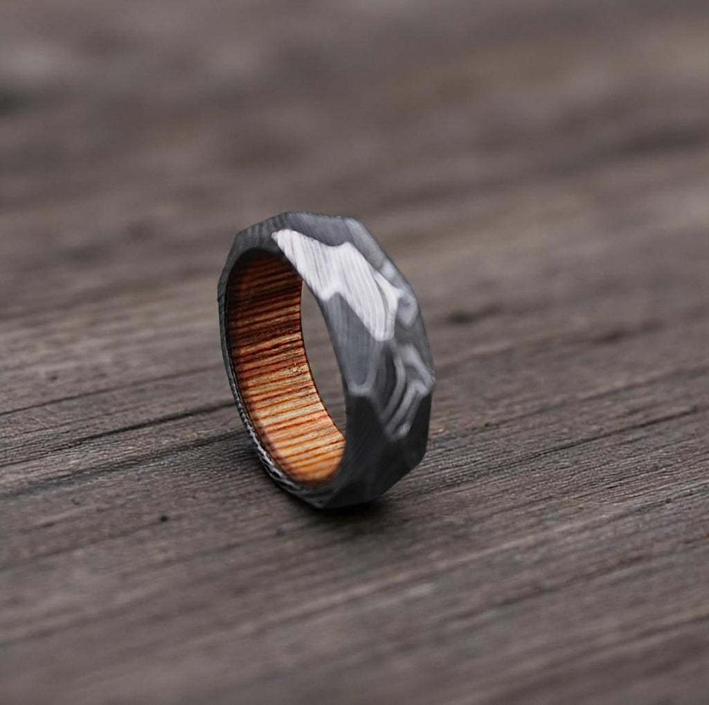 Twist Damascus Steel Ring: Rock Hammered Wedding Band