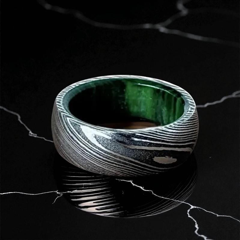 Domed Damascus Ring with Green Inner – Handmade Men’s Wedding Band – Modern Bold Jewelry.