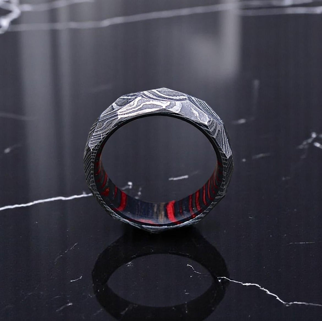 Handmade Damascus Steel Wedding Band: Whiskey Barrel Wood Inlay, Hammered Finish