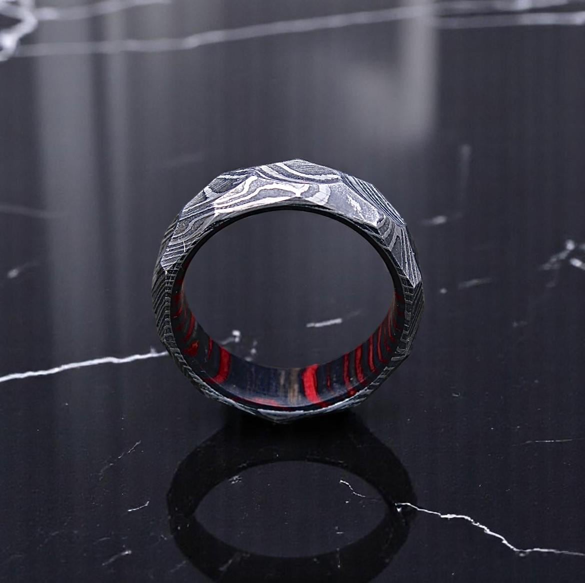 Handmade Damascus Steel Wedding Band: Whiskey Barrel Wood Inlay, Hammered Finish