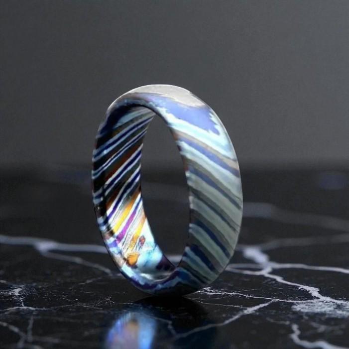 Handmade Zirconium Damascus Ring: Unique Black Wedding Band