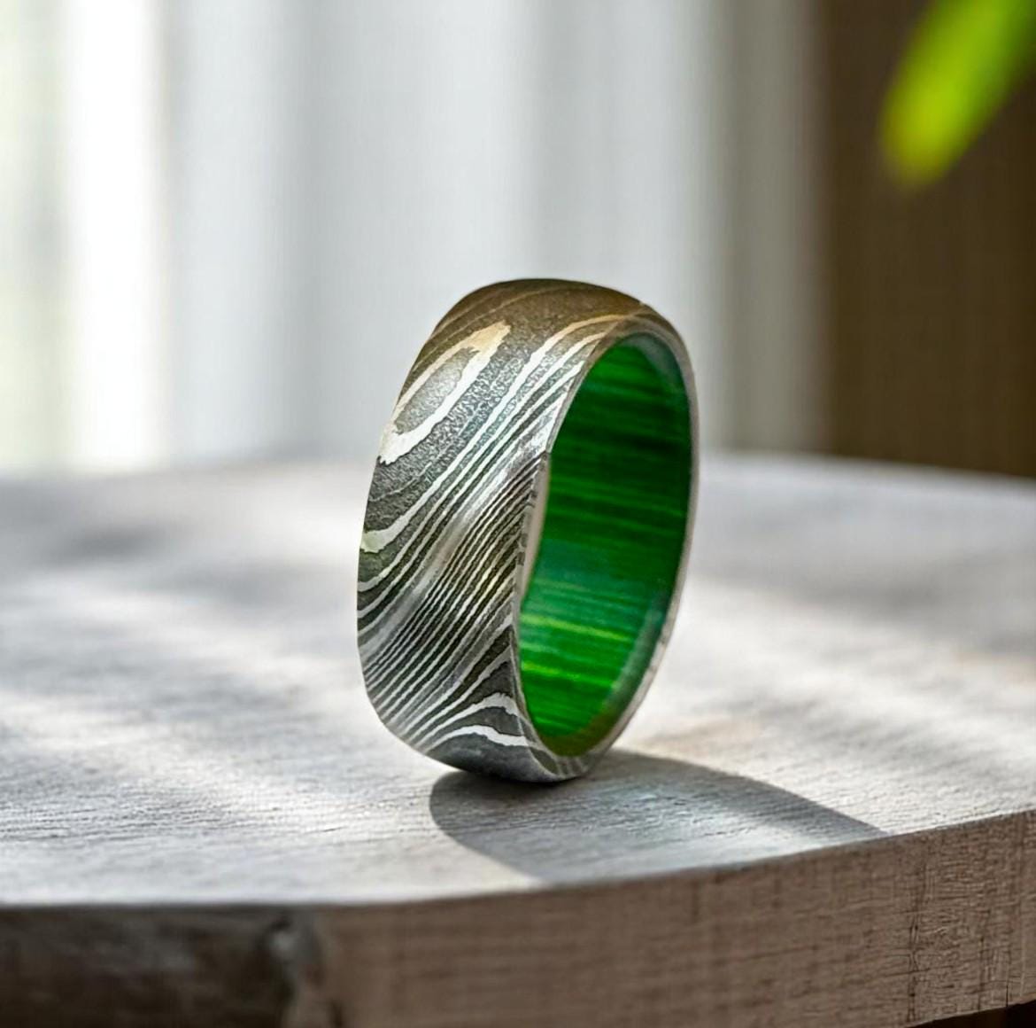 Damascus Steel Ring: Titanium Band with Green Interior