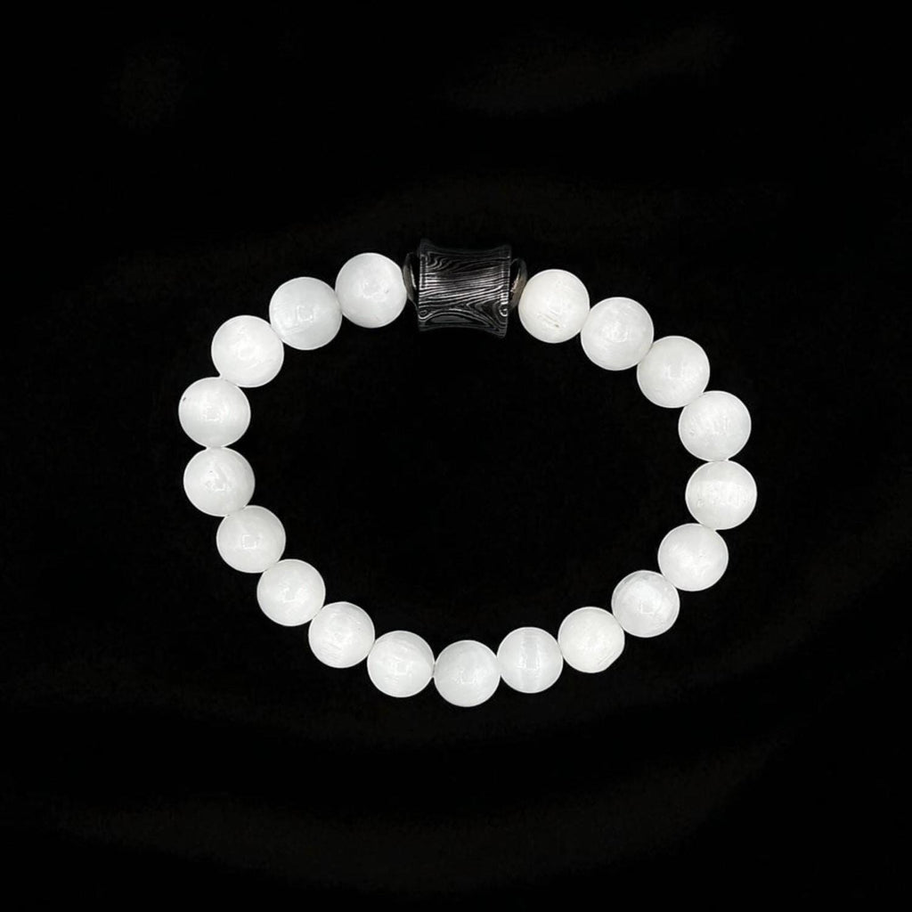 Selenite Bead Bracelet 10mm with Damascus Steel Barrel – Healing Crystal Jewelry with Gift Box.
