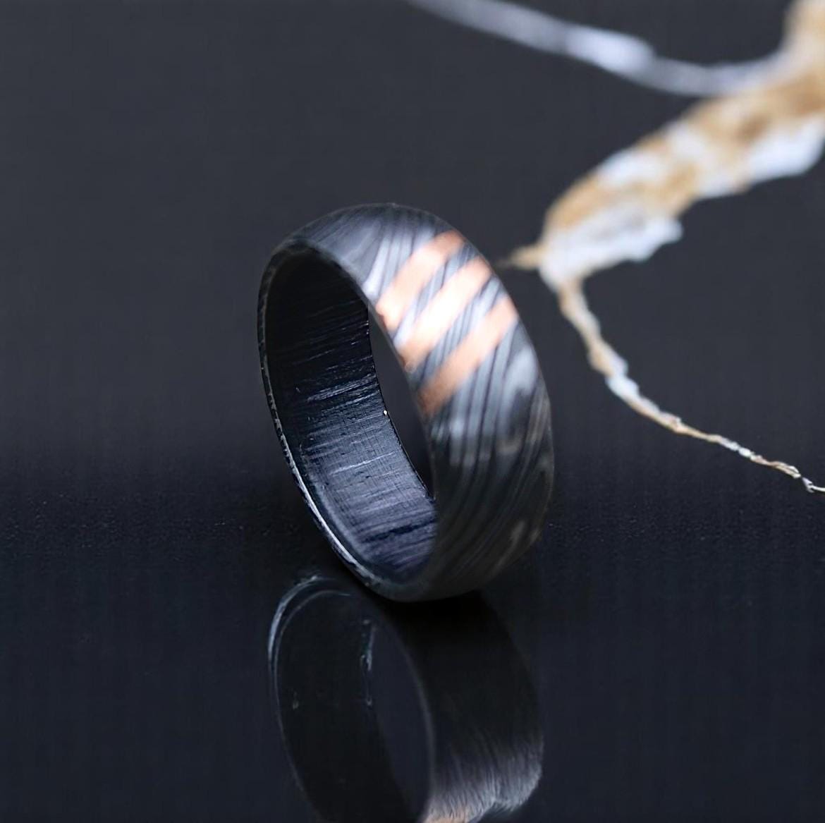 Damascus Steel Ring with Whiskey Barrel Wood Inlay