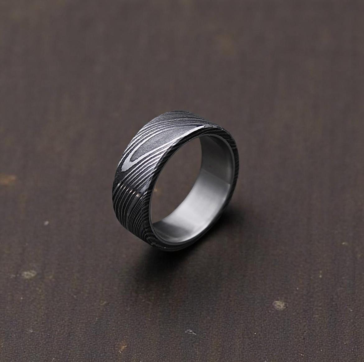 Hand Forged Damascus Steel Ring: Titanium Wood Wedding Band