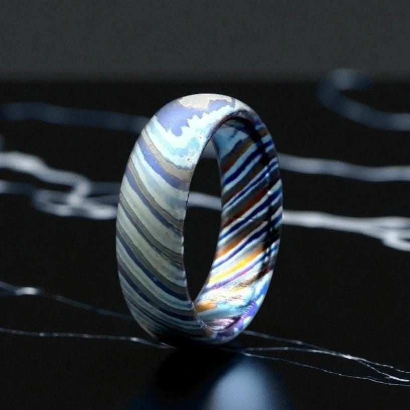 Handmade Zirconium Damascus Ring: Unique Black Wedding Band