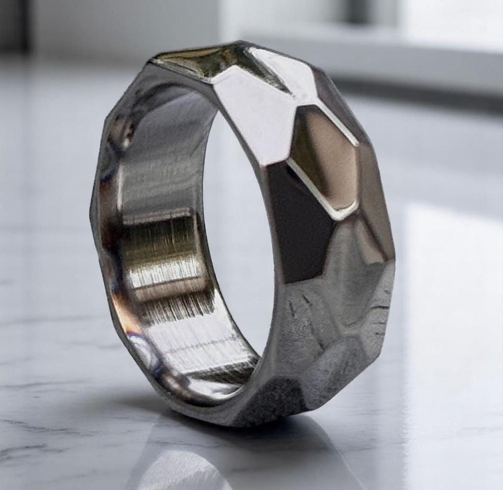 Faceted Hammered Titanium Ring – Geometric Silver Band, Modern Men’s Wedding Band, Unique Handmade Ring for Him.