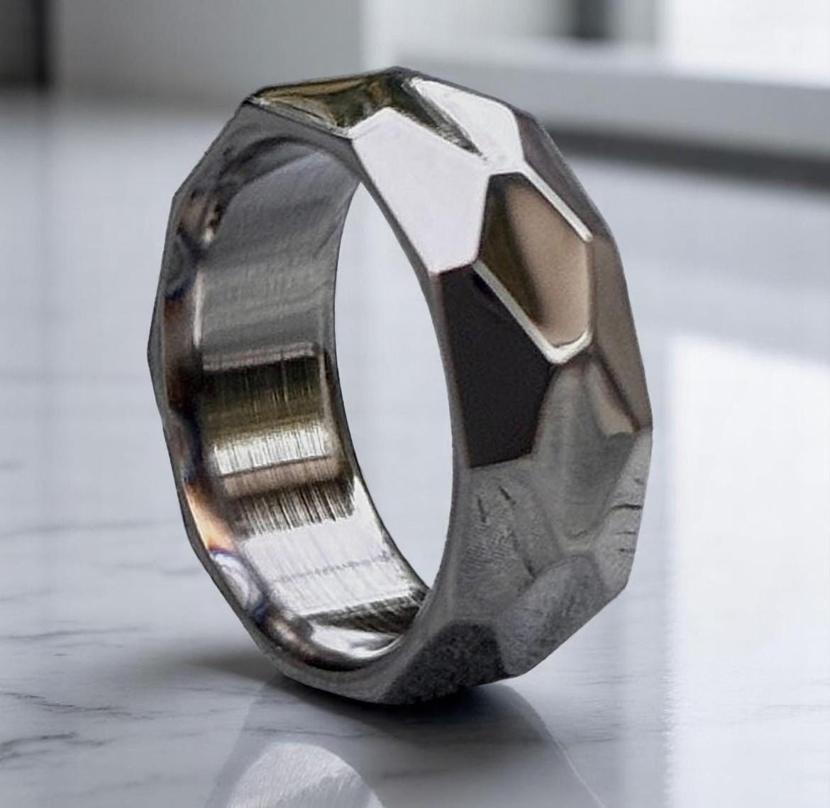 Faceted Hammered Titanium Ring – Geometric Silver Band, Modern Men’s Wedding Band, Unique Handmade Ring for Him.