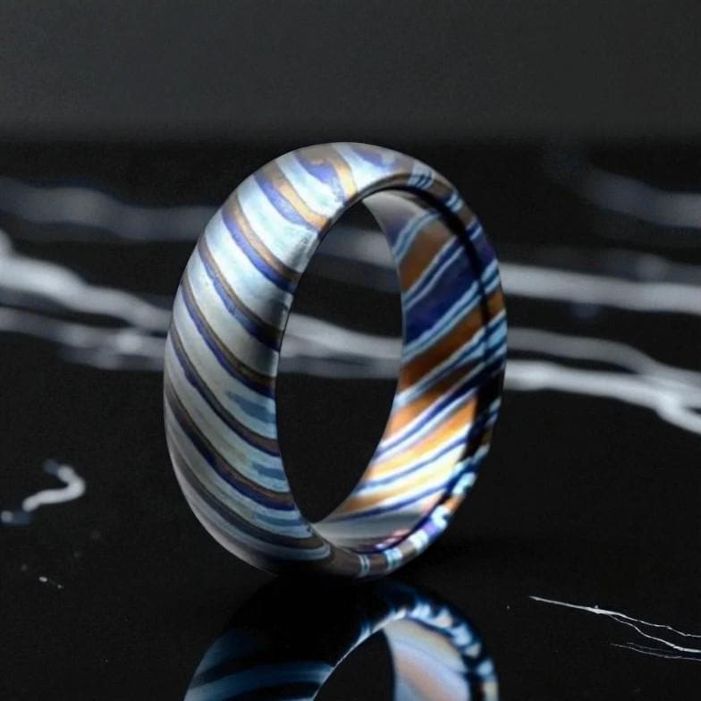 Handmade Zirconium Damascus Ring: Unique Black Wedding Band