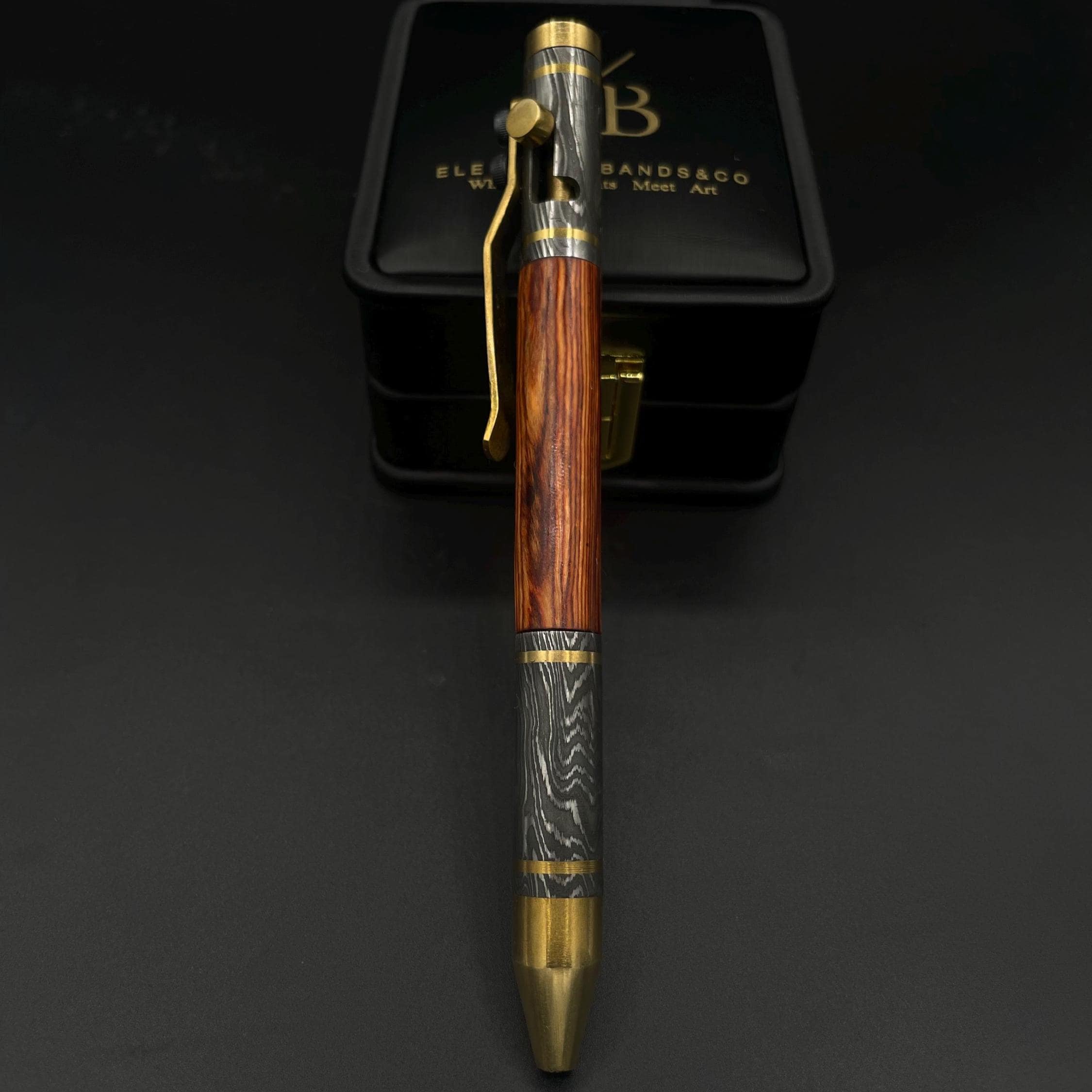 Handmade Damascus Steel & Wood Pen: Brass Accents, Luxury Writing Instrument