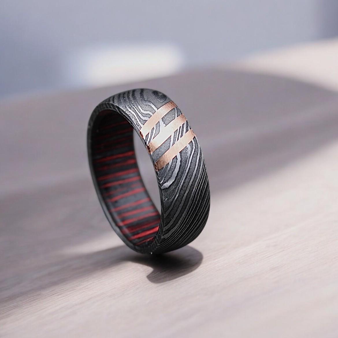 Damascus Steel Whiskey Barrel Wood Inlay Ring