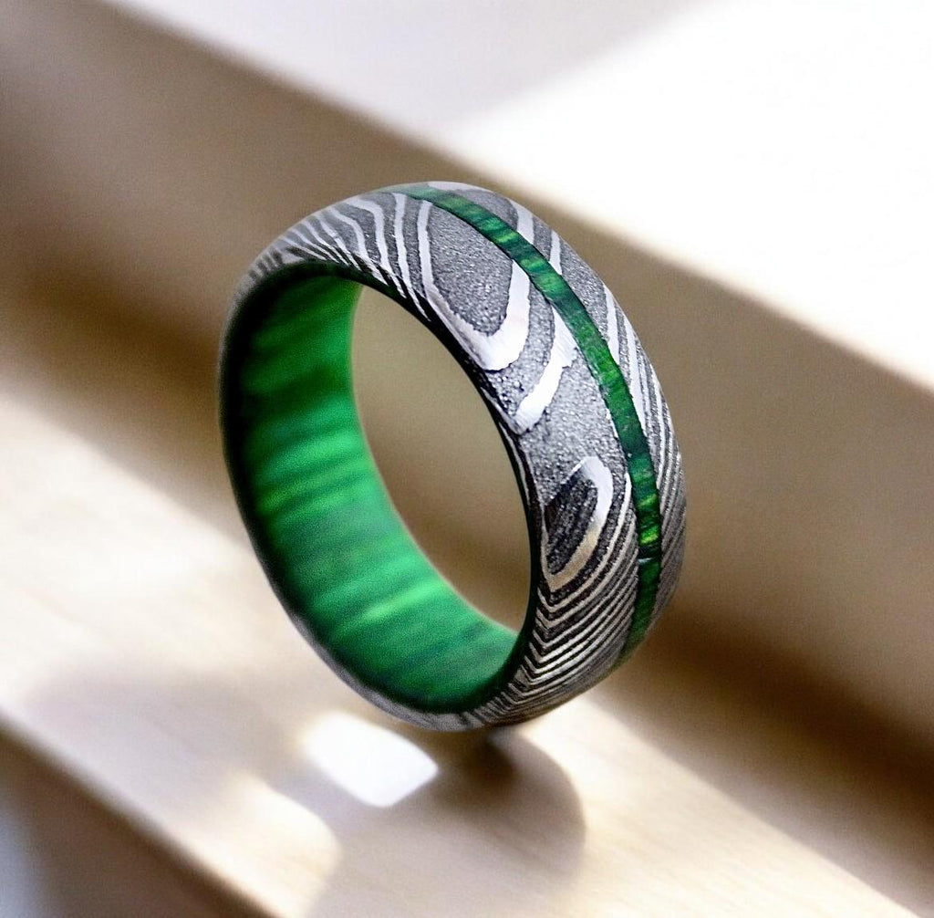 Damascus Steel Ring: Whiskey Barrel Wood Inlay Wedding Band