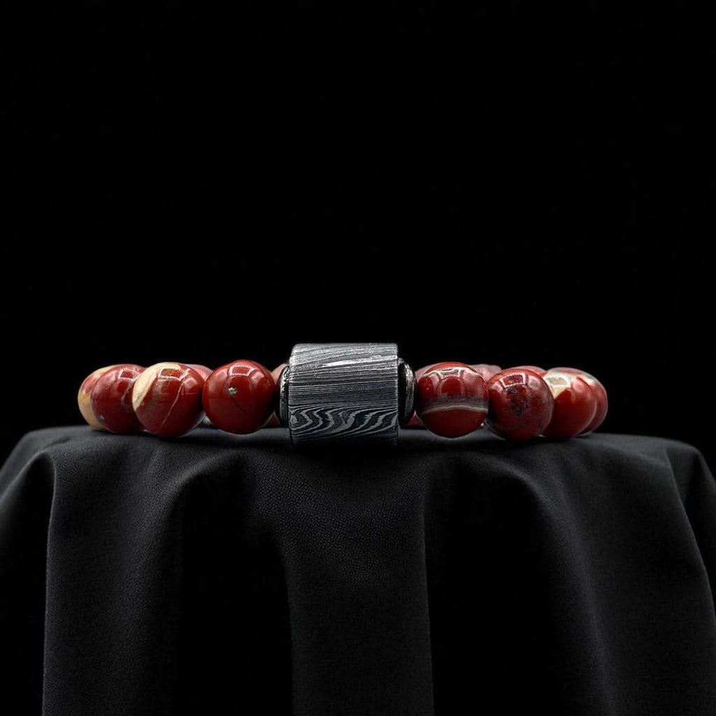 Red Chalcedony Bead Bracelet with Damascus Steel Barrel – Healing Crystal Jewelry with Gift Box.