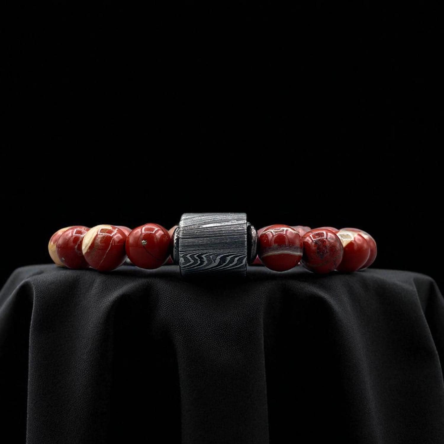 Red Chalcedony Bead Bracelet with Damascus Steel Barrel – Healing Crystal Jewelry with Gift Box.