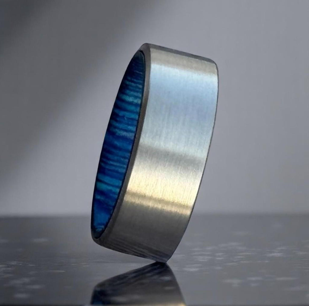 Blue Wood Inlay Titanium Ring: Handmade Brushed Silver Wedding Band