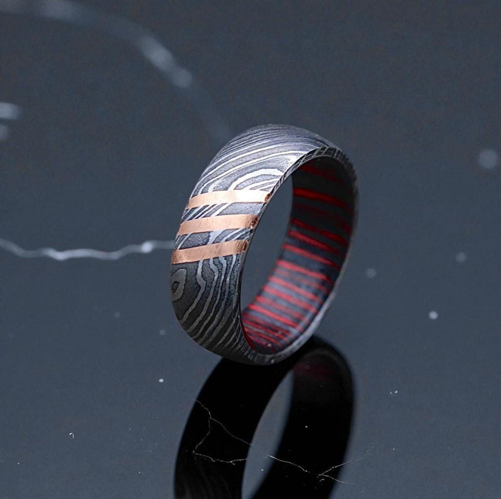 Damascus Steel Ring with Copper Inlay & Red Lining: Handmade Men's Wedding Band