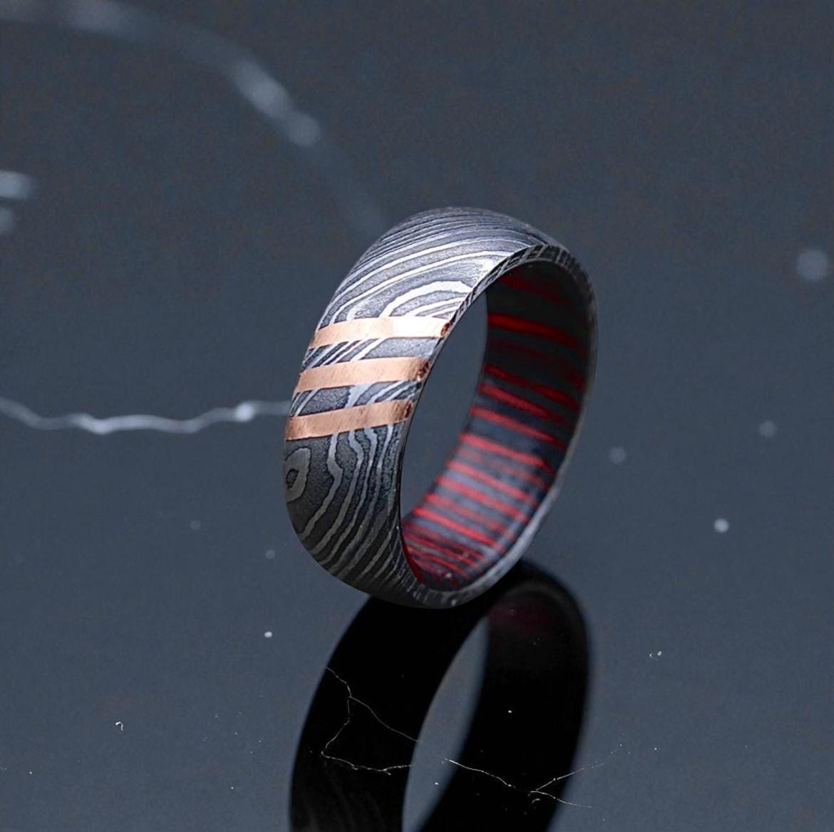 Damascus Steel Ring with Copper Inlay & Red Lining: Handmade Men's Wedding Band