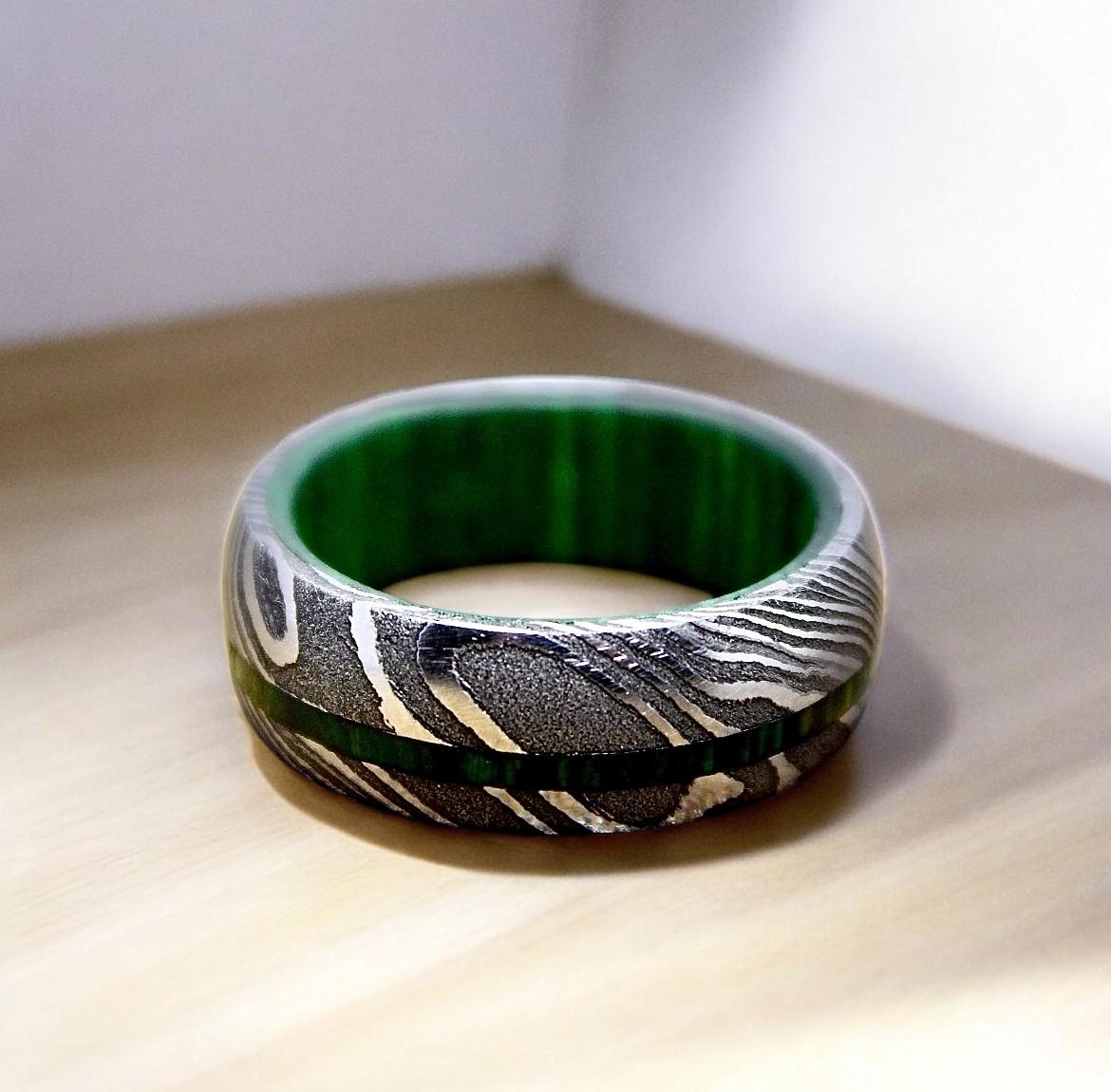 Damascus Steel Ring: Whiskey Barrel Wood Inlay Wedding Band