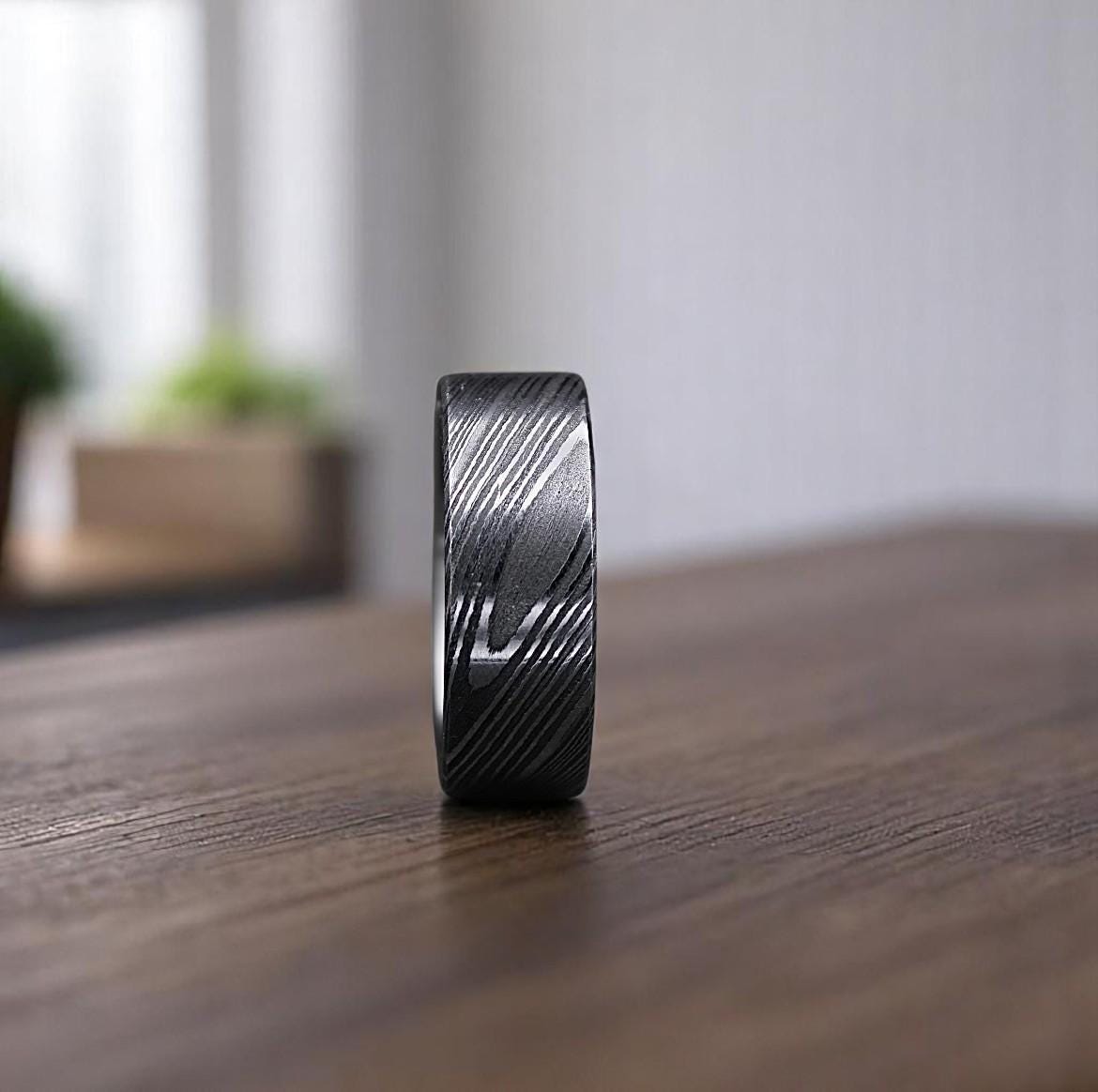 Hand Forged Damascus Steel Ring: Titanium Wood Wedding Band