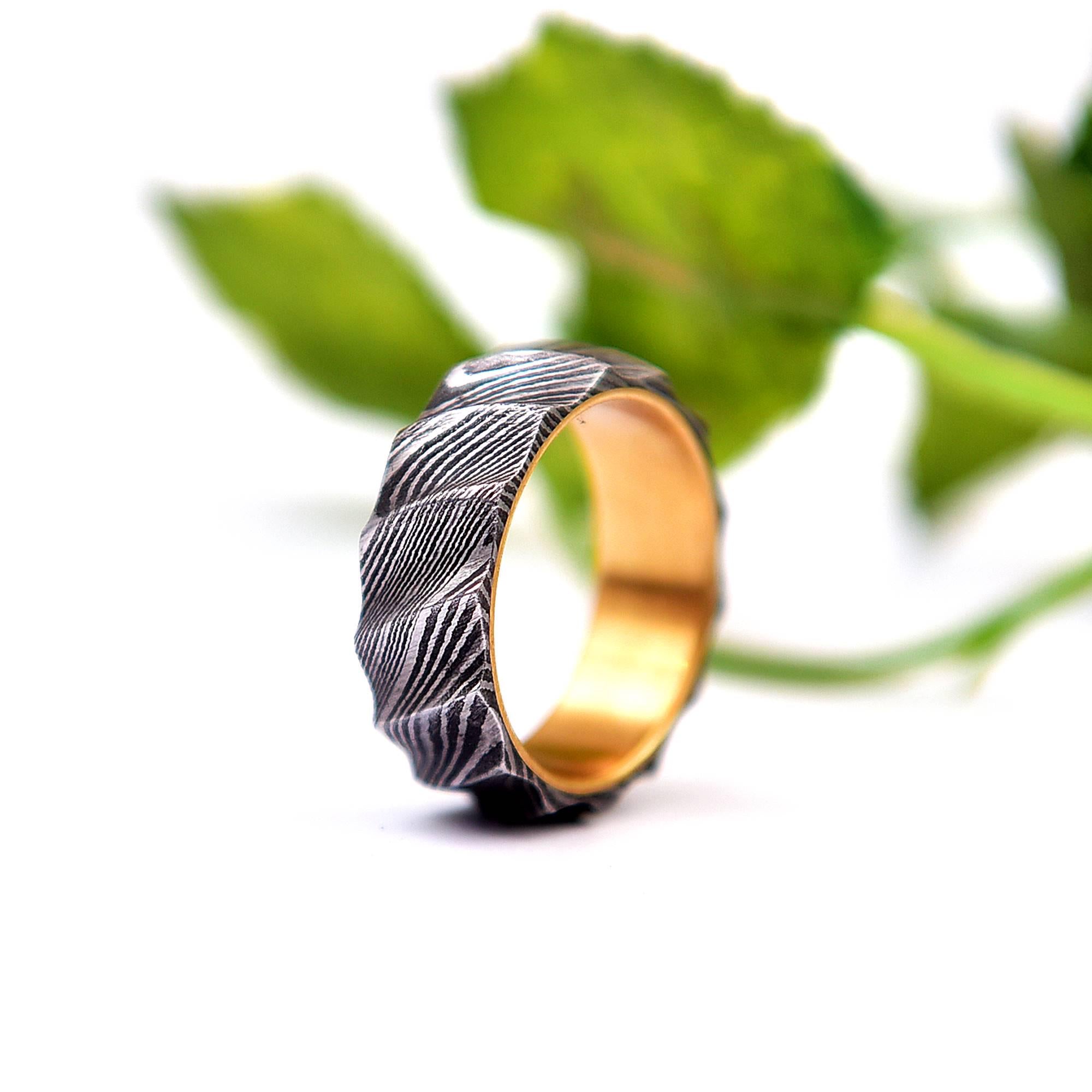 Damascus Steel Ring: Whiskey Barrel Wood Inlay Wedding Band