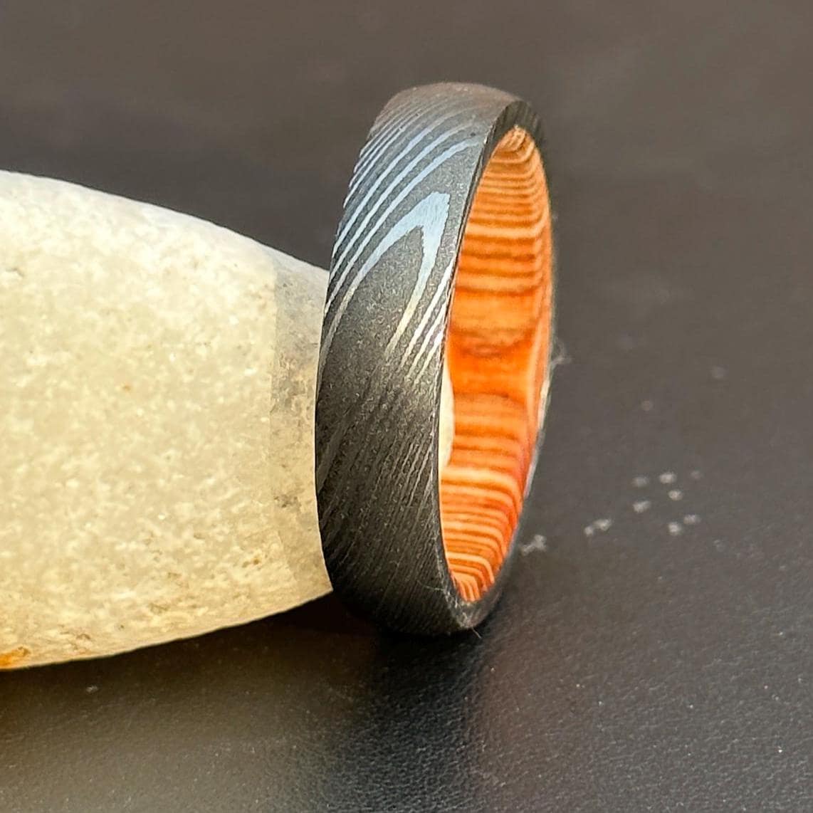 Damascus Steel Ring: Whiskey Barrel Wood Inlay, Mens Wedding Band