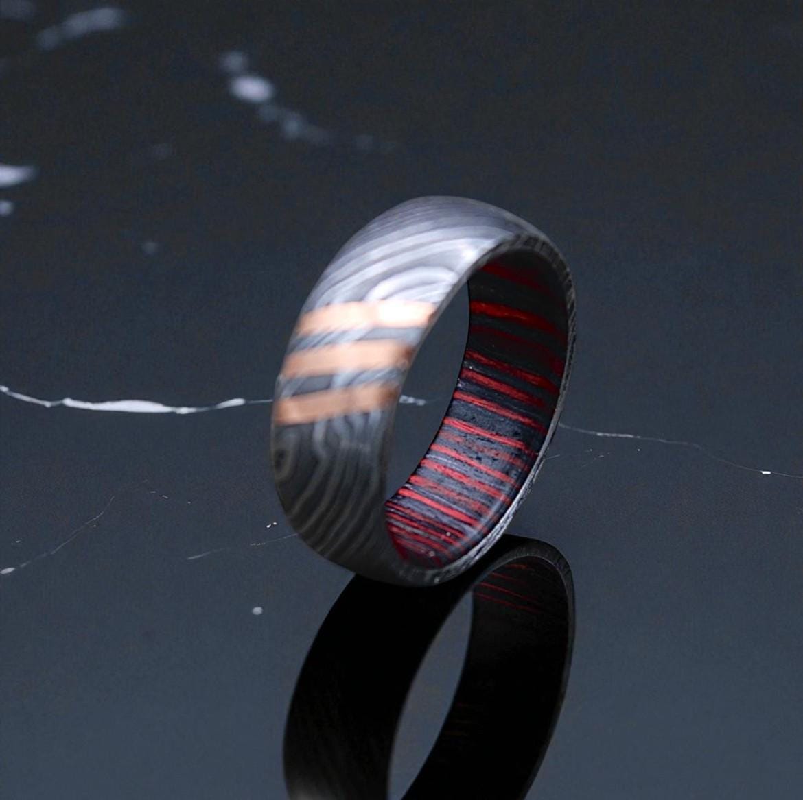 Damascus Steel Ring with Copper Inlay & Red Lining: Handmade Men's Wedding Band