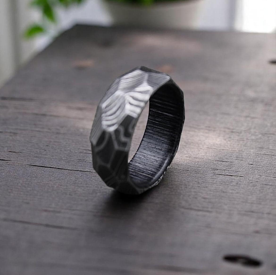 Handmade Damascus Steel Ring: Rock Hammered Twist Wedding Band