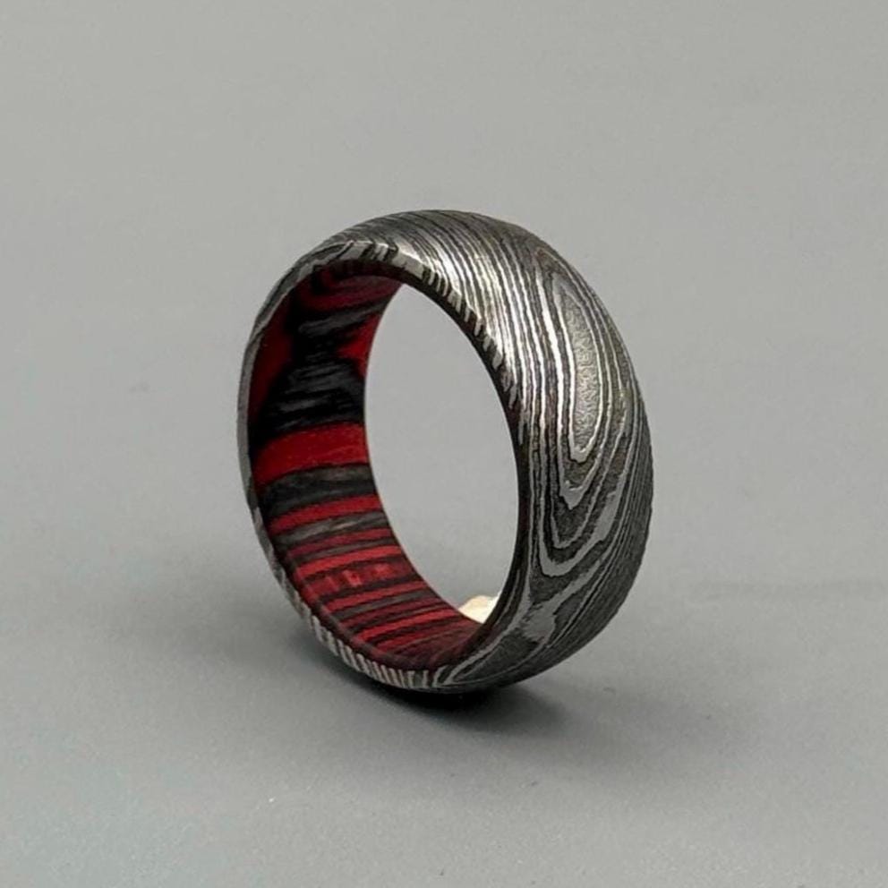 Damascus Steel Ring: Whiskey Barrel Wood Inlay, Mens Promise Ring