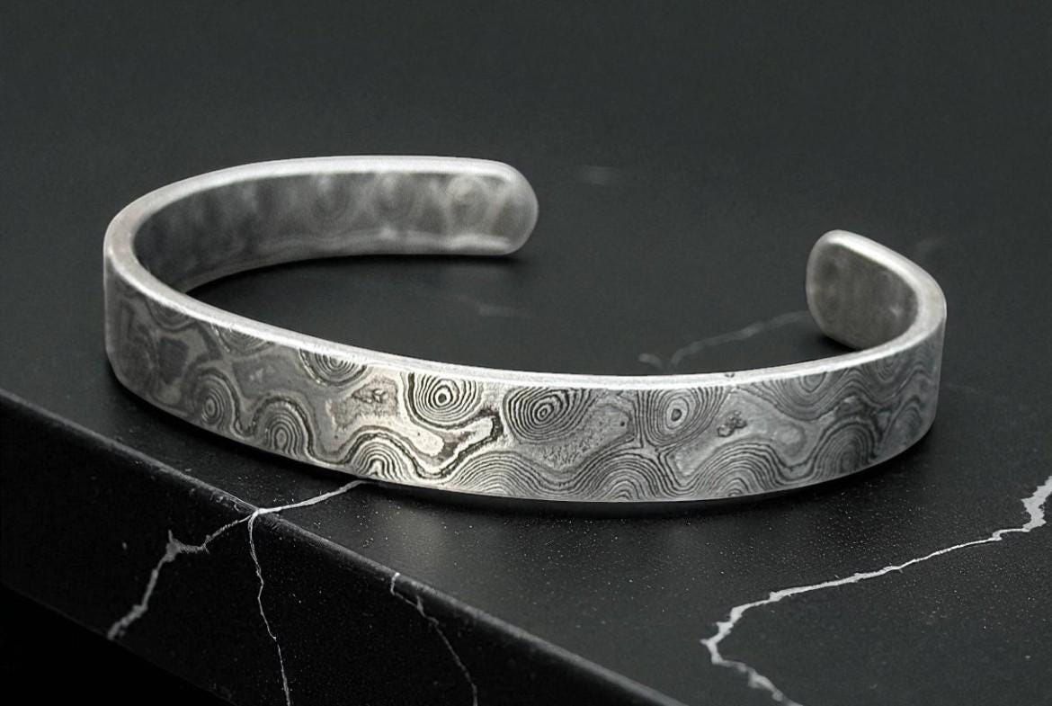 Hand Forged Damascus Steel Cuff Bracelet: Rustic Silver Swirl Design