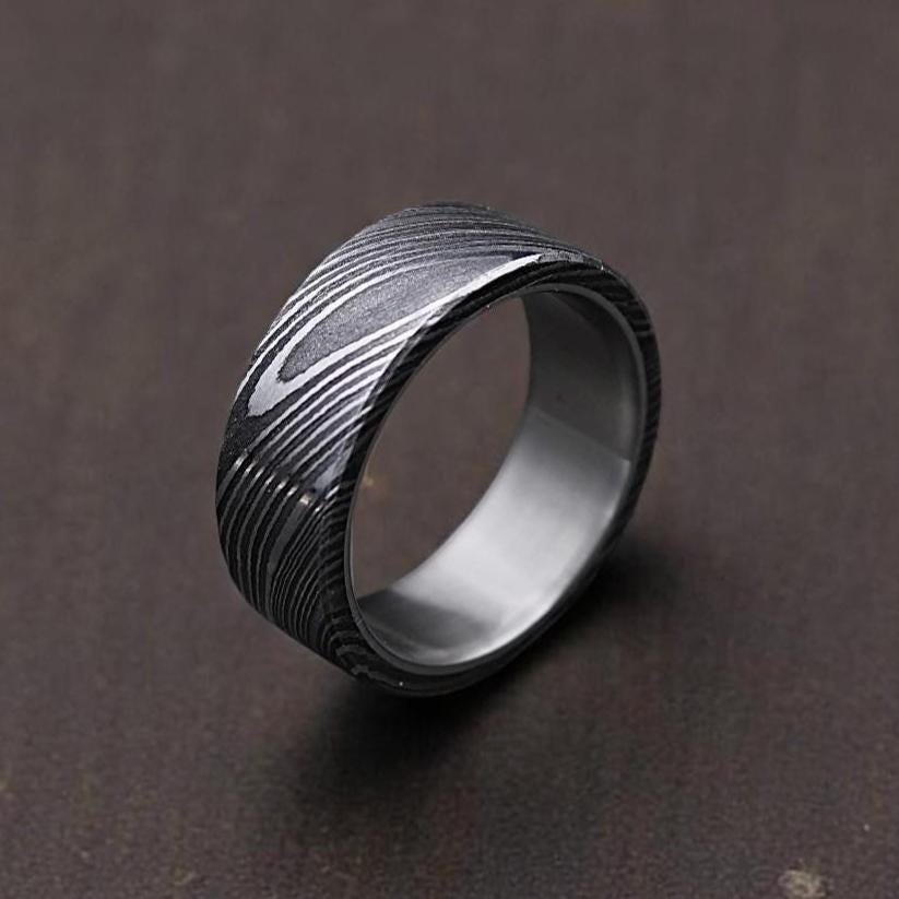 Handmade Damascus Steel Ring: Domed Wedding Band for Him