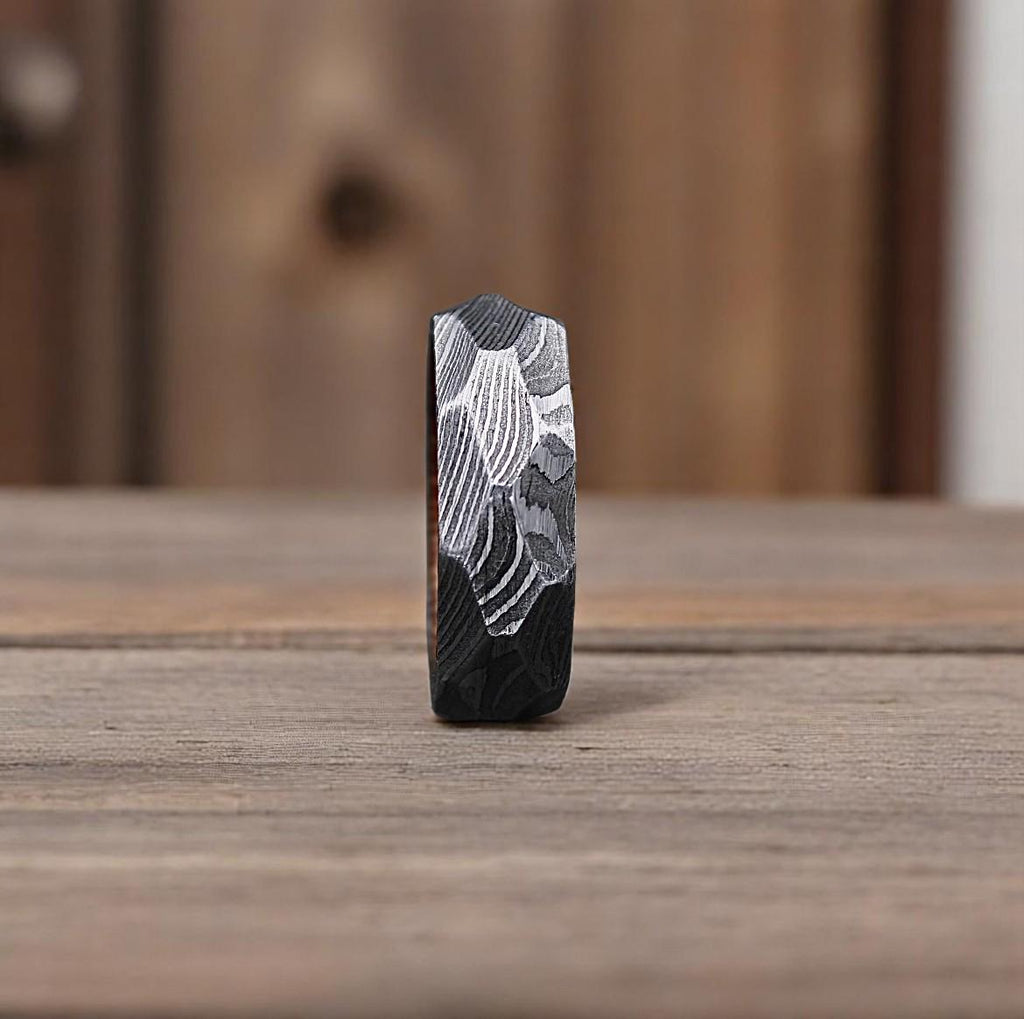 Twist Damascus Steel Ring: Rock Hammered Wedding Band