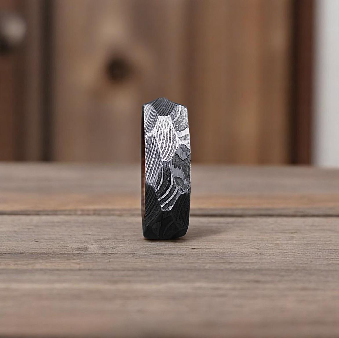 Twist Damascus Steel Ring: Rock Hammered Wedding Band