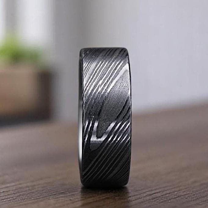 Handmade Damascus Steel Ring: Domed Wedding Band for Him