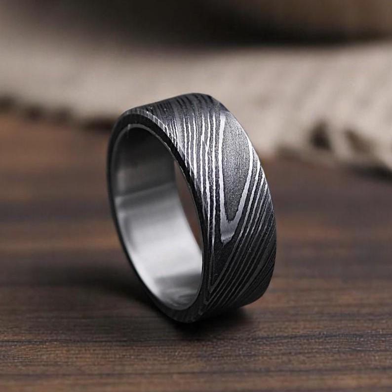 Handmade Damascus Steel Ring: Domed Wedding Band for Him
