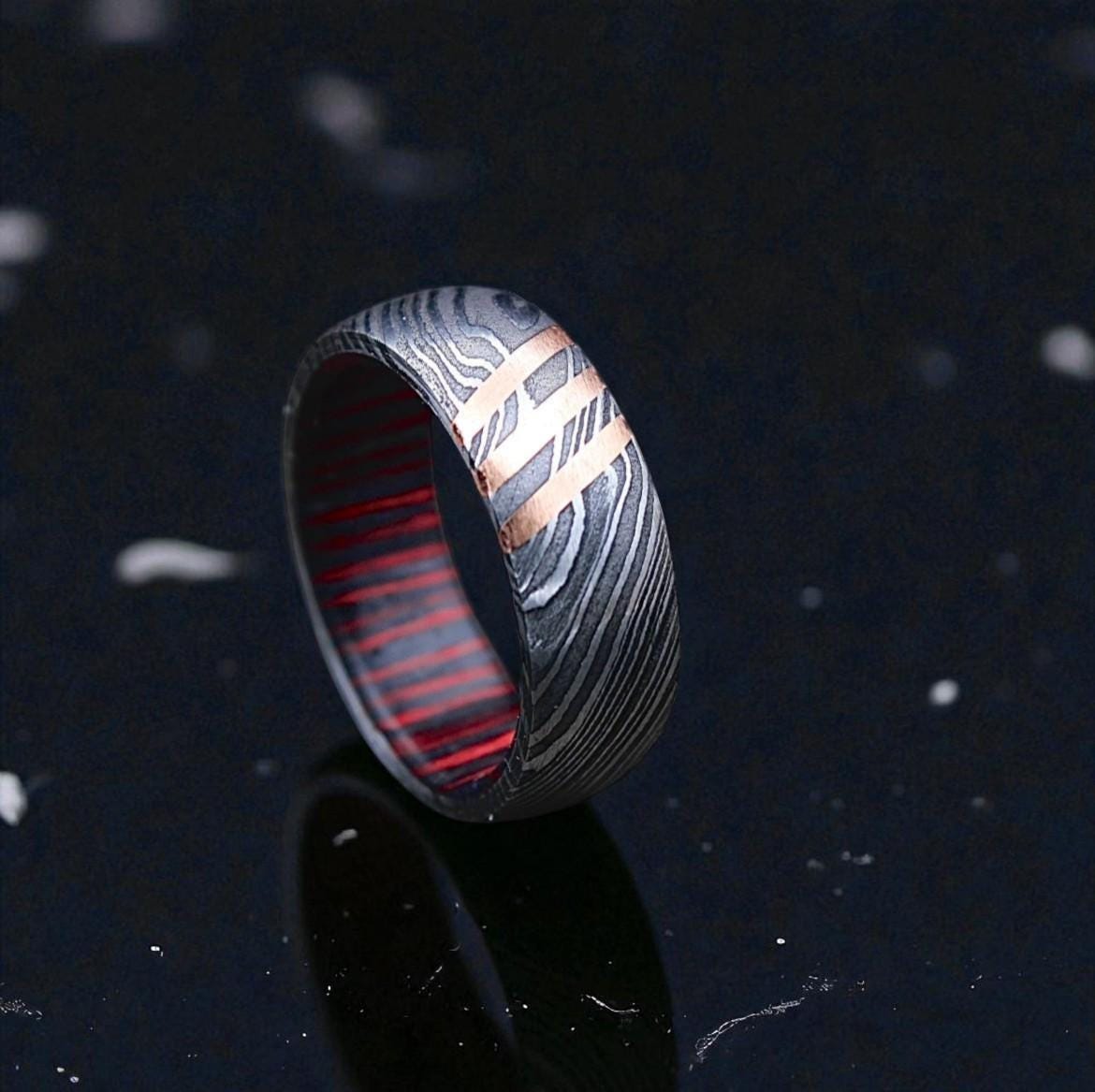 Damascus Steel Ring with Copper Inlay & Red Lining: Handmade Men's Wedding Band