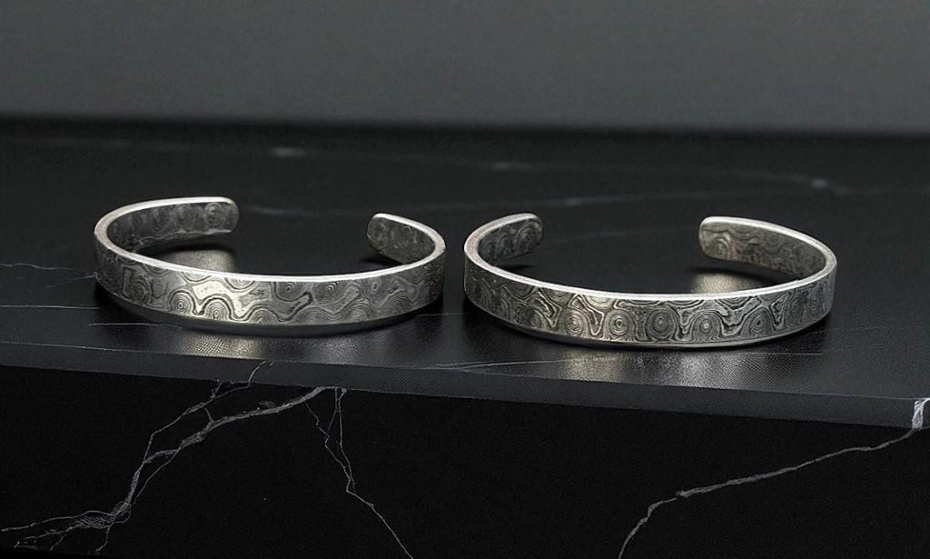 Hand Forged Damascus Steel Cuff Bracelet: Rustic Silver Swirl Design