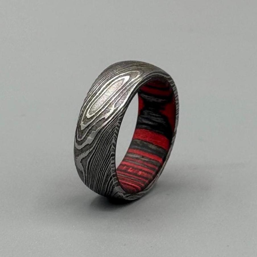 Damascus Steel Ring: Whiskey Barrel Wood Inlay, Mens Promise Ring