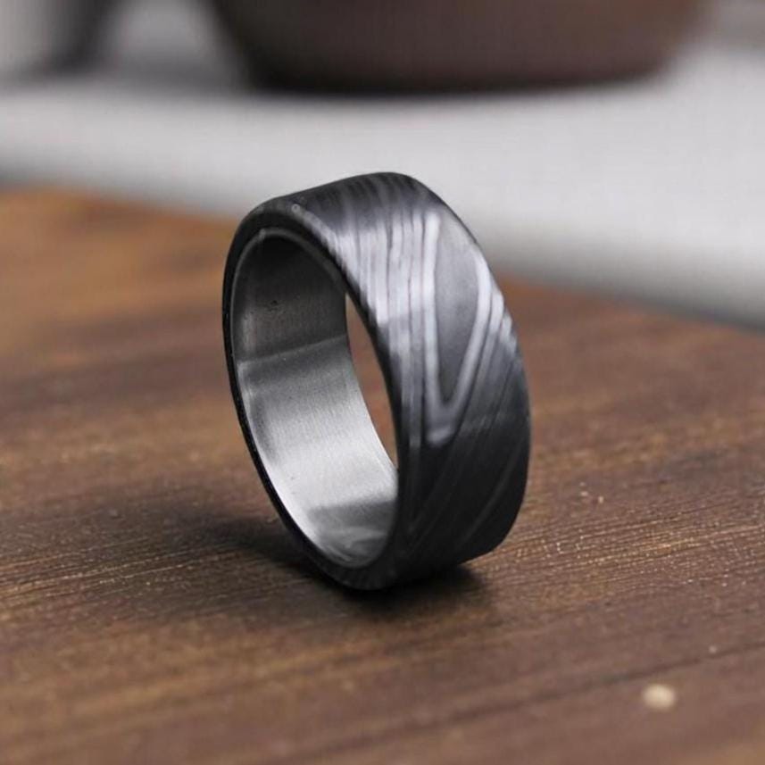 Handmade Damascus Steel Ring: Domed Wedding Band for Him