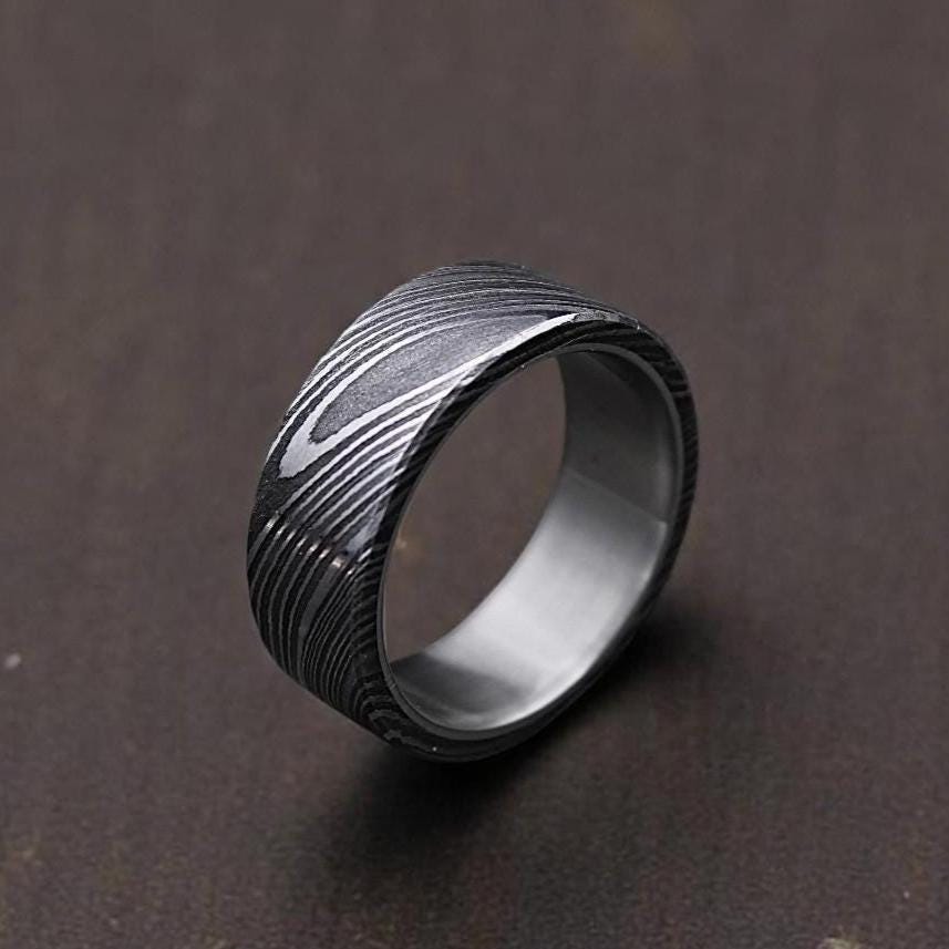 Handmade Damascus Steel Ring: Domed Wedding Band for Him