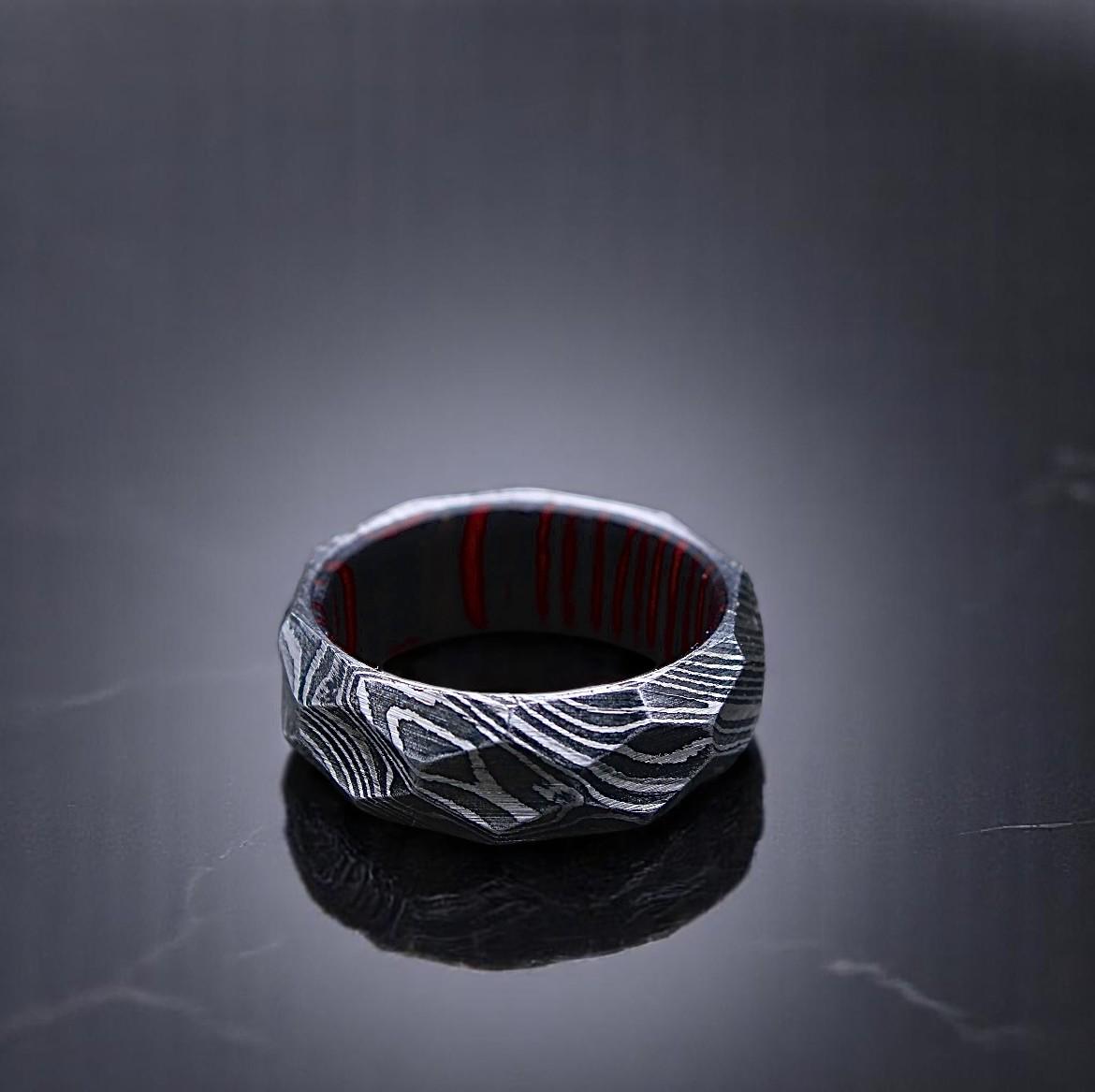 Handmade Damascus Steel Wedding Band: Whiskey Barrel Wood Inlay, Hammered Finish