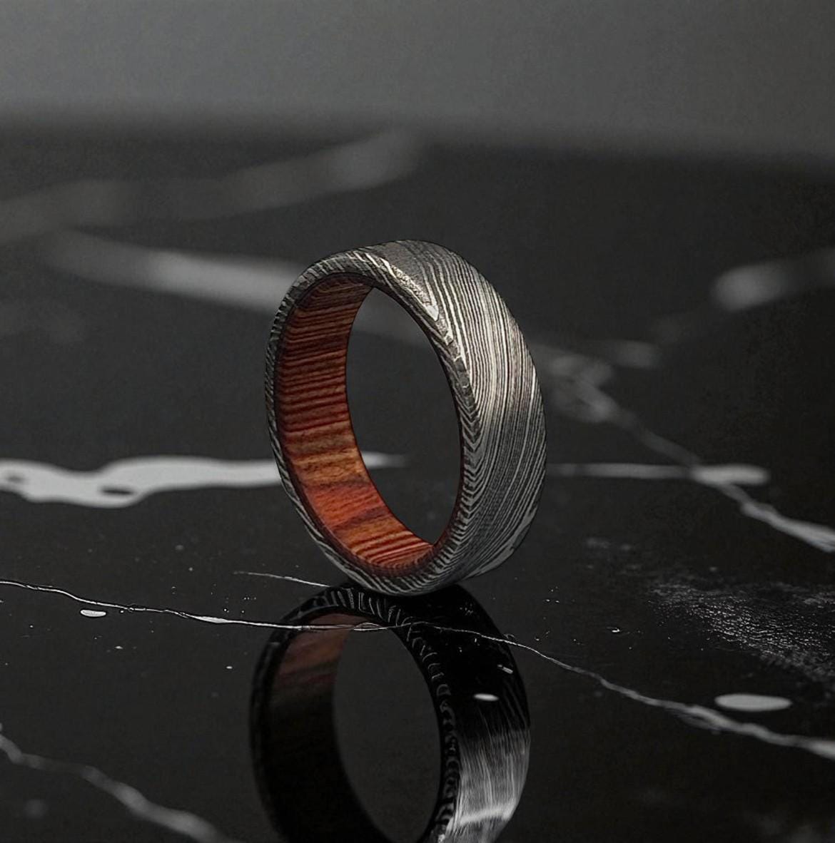 Damascus Steel Ring with Whiskey Barrel Wood Liner: Rustic Wedding Band
