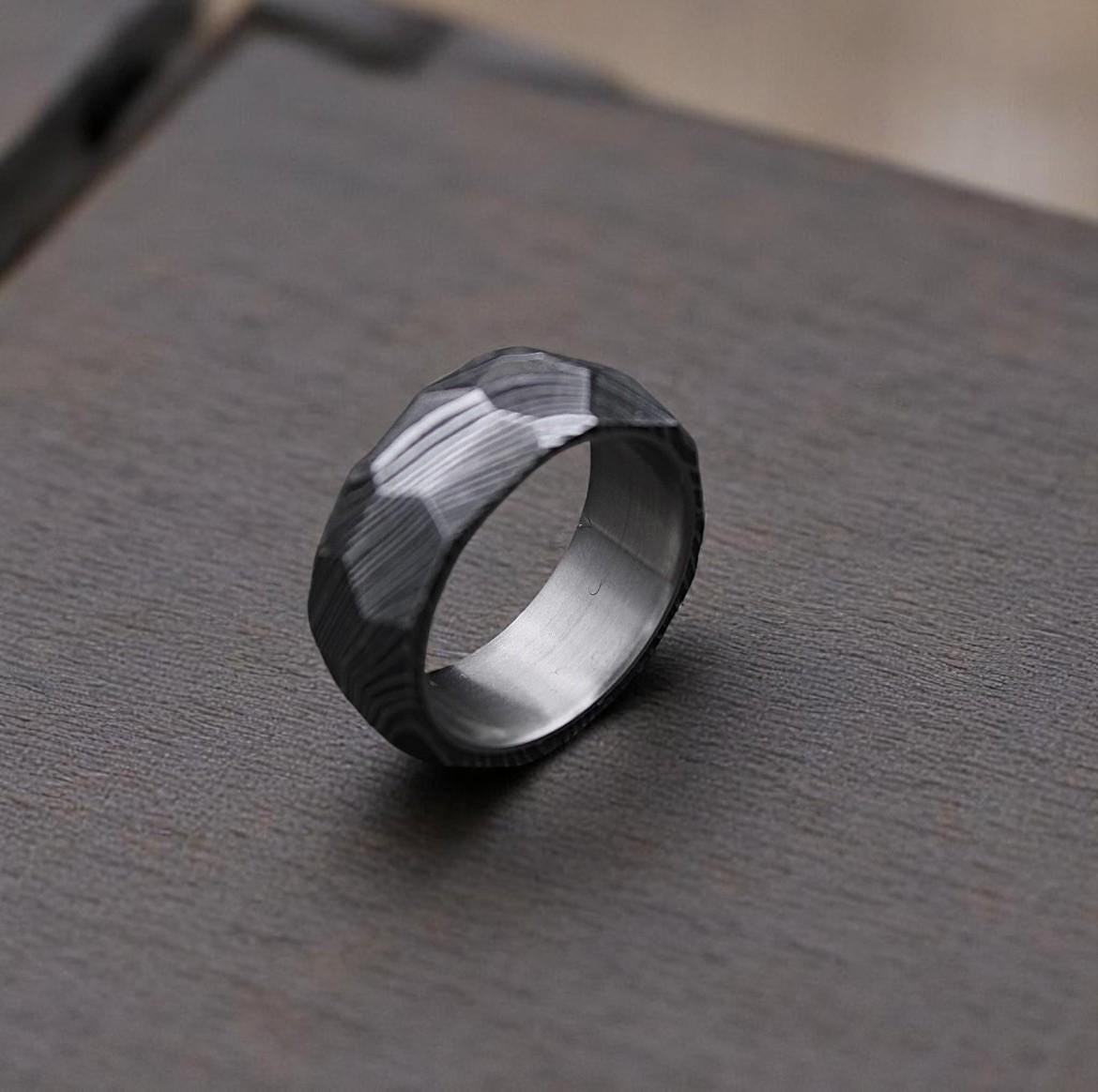 Damascus Steel Men's Ring: Rock Hammered Wedding Band